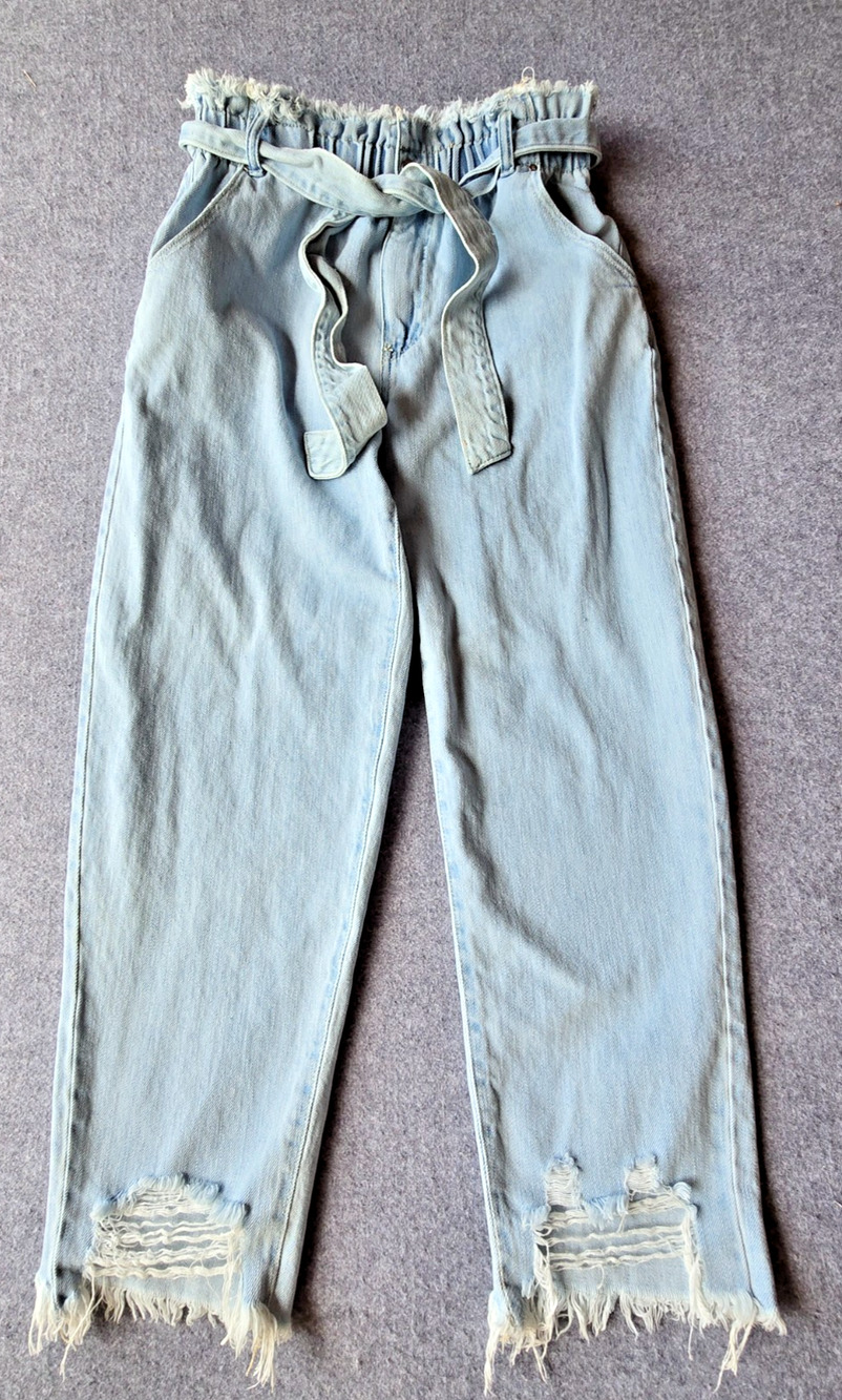 Risen Juniors 11 Jeans Distressed Baggy Lt Blue Stretch Waist Sash 100% Cotton